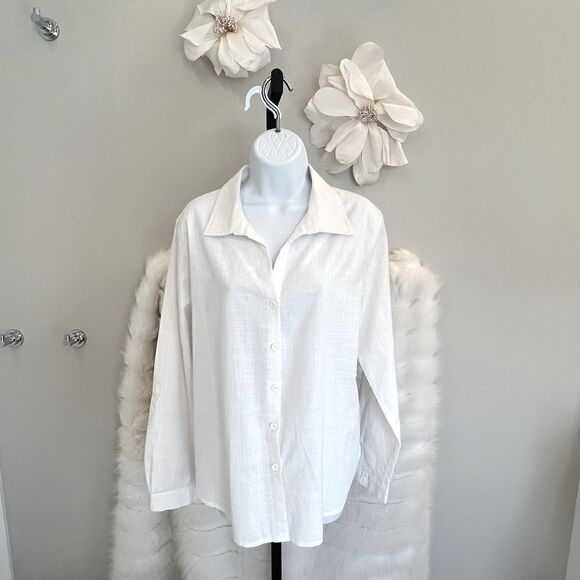 White Button Down Sheer Back Long Sleeve Top (L) - Picture 4 of 10